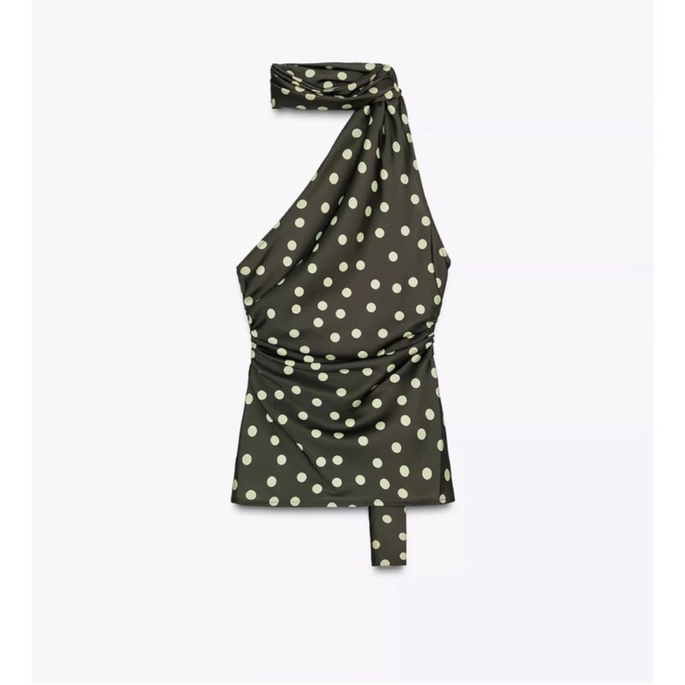 Zara Olive Halter Top with Cream Polka Dots